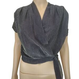 1970s Disco Cropped Black Silver Metallic Thread Short Sleeve V Neck Top Size Sm